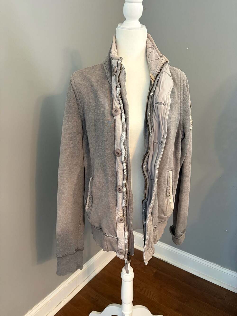 Y2K Hollister Distressed Military Varsity Jacket Gray Size M